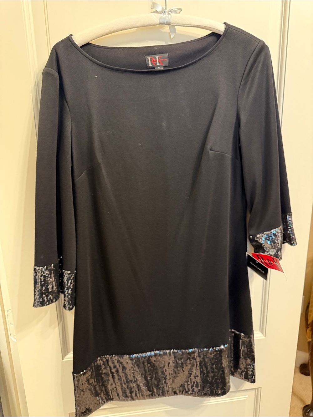 R&K Black Long Sleeve Dress with Sequin Hem and Cuff